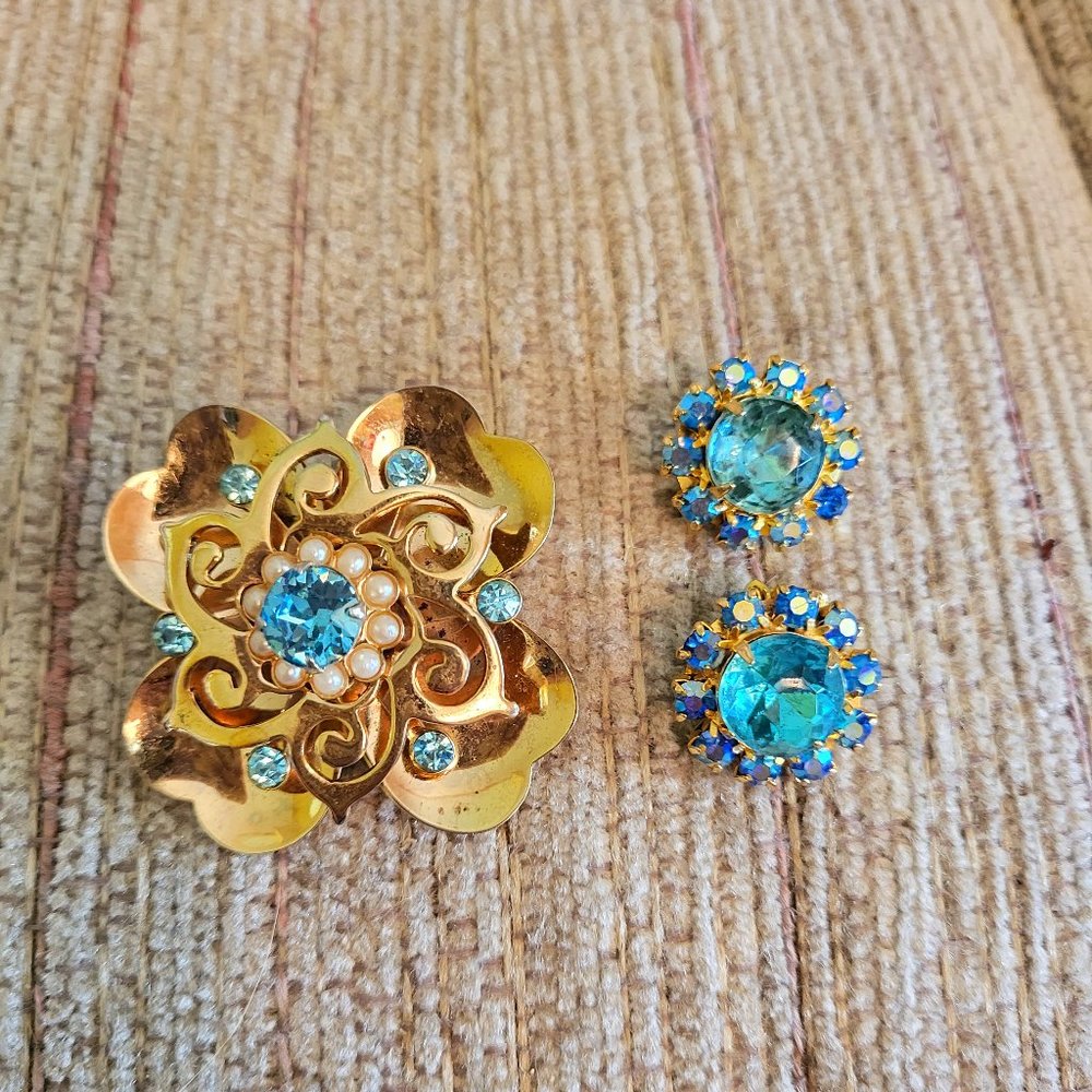 Vintage Aquamarine Brooch and Earring Set